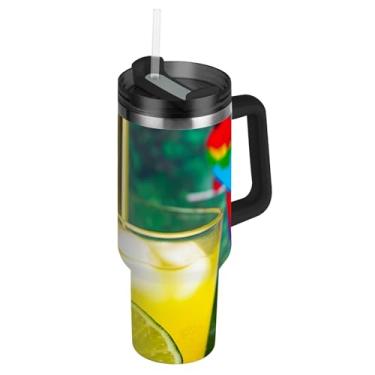 Imagem de Joisal Copos de limão para coquetel de rum amarelo com tampas e canudos, garrafas de água isoladas de aço inoxidável, copo de 850 g com alça a vácuo carros xícara de café bebida quente