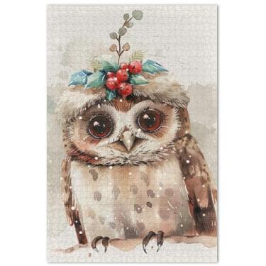 Imagem de Quebra-cabeça de Natal com coruja aquarela para adultos, 500 peças, decoração de arte, quebra-cabeças difíceis, divertidos, bobos
