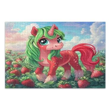 Imagem de Quebra-cabeça vermelho unicórnio morango 500 peças para adultos, quebra-cabeças difíceis para adultos, jogos divertidos para adultos