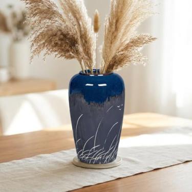 Imagem de Wancetang Vaso preto e azul marinho, vaso de cerâmica azul escuro de 20 cm para flores, vasos decorativos modernos para decoração de casa, decoração de sala de estar costeira, centro de mesa