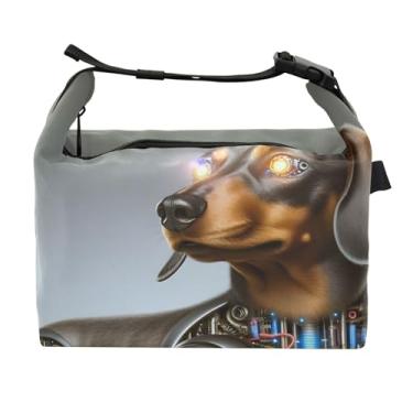 Imagem de TSENQUE Lancheira Dachshund robótica feminina isolada para trabalho, bolsa de almoço portátil de trabalho com alça de ombro ajustável