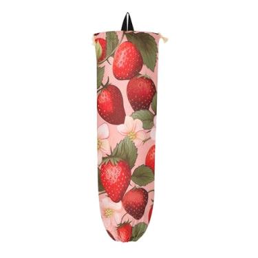 Imagem de Pacote com 2 suportes de saco de plástico com padrão de morango, organizador de sacolas de compras para armazenamento de sacolas plásticas de cozinha