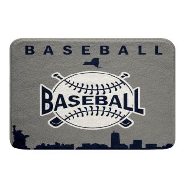 Imagem de Erosebridal Tapete de banho infantil de beisebol, jogos de bola esportiva, tapetes de chão para meninos, adolescentes e adultos, silhueta de edifício de cidade, tapete de banho antiderrapante, 50 cm x