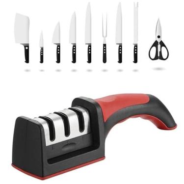 Imagem de Amolador Afiador de Facas e Tesouras 3 em 1 Manual em Aço Inox Profissional com Cabo Ergonômico e Base Antiderrapante com Rodas de Cerâmica Durabilidade e Eficiência PREMIUM
