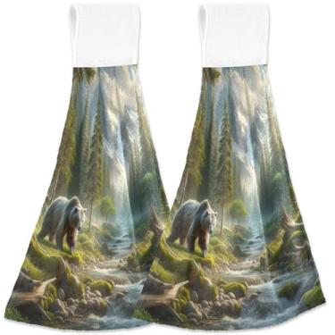 Imagem de TSENQUE Toalha de mão de outono com estampa de paisagem de urso com laço para pendurar conjunto de 2, toalhas de banho macias e absorventes verdes rosa fofas para casa e cozinha, 46 x 35 cm