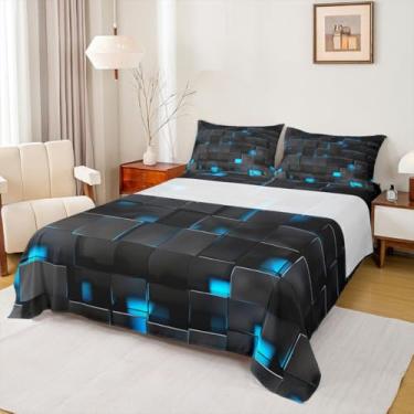 Imagem de Manfei Jogo de cama solteiro Pixel Grid Miners, xadrez de videogame, geométrico, moderno, xadrez, decoração de quarto de meninos e meninas, lençol preto e azul (com elástico + 1 fronha)
