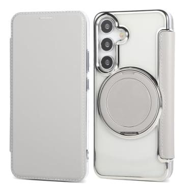 Imagem de Capa carteira para Samsung Galaxy S25 com 3 compartimentos para cartão, bloqueio RFID, suporte de anel giratório de 360° e compatibilidade magnética, capa traseira transparente à prova de choque