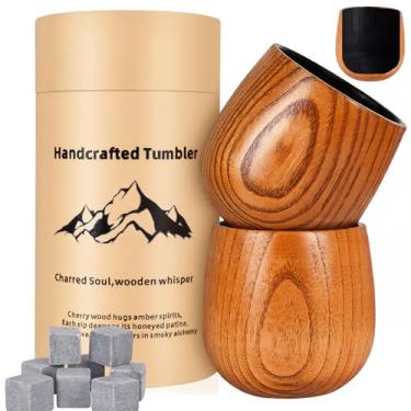 Imagem de PAREMPY Conjunto de 2 copos de uísque de madeira, copos de bourbon, carbonizados, presentes para ele, homem, marido, pai, aniversário, madeira, uísque, copo feito à mão, copo de uísque (2)