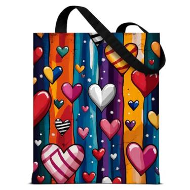 Imagem de QYCFDXD Sacola de lona com estampa de corações arco-íris para mulheres, meninas, corações coloridos, arte pop, reutilizável, bolsa de ombro para compras, viagens, praia, moda