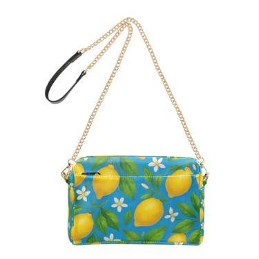 Imagem de Joitme Bolsa tiracolo feminina bolsa de celular fofa amarela limão folhas verdes alça de corrente azul couro PU bolsa de ombro