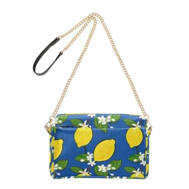 Imagem de Yellow Lemons Navy Blue Bolsa feminina transversal de couro PU bolsa de ombro alça de corrente bolsa para celular fofa