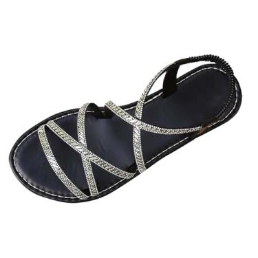 Imagem de Sandálias femininas fashion casual versátil cor sólida strass férias primavera e verão moda praia confortável, Preto, 35