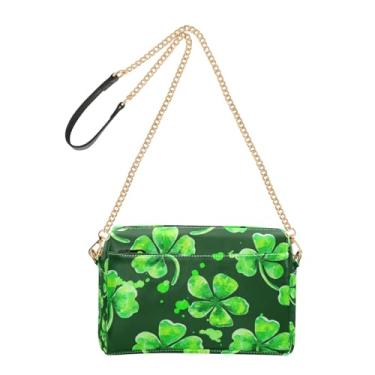 Imagem de Bolsa feminina verde trevos verdes de desenho animado bolsa transversal de couro PU bolsa de ombro alça de corrente bolsa de telefone fofa