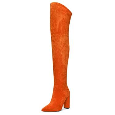 Imagem de Aachcol Botas femininas acima do joelho, salto alto grosso, bico fino, zíper, 10 cm, Camurça laranja, 37 BR