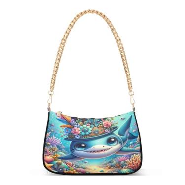 Imagem de Bolsa de ombro divertida com corrente de tubarão com estampa colorida para uso diário, festa, noite ou viagens