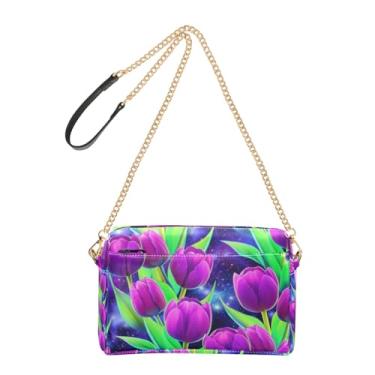 Imagem de Joitme Bolsa feminina transversal para celular com tulipas roxas vibrantes, bolsa de ombro de couro PU, alça de corrente