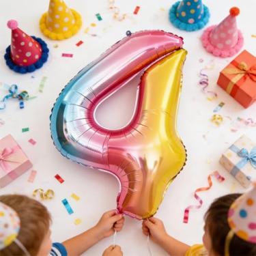 Imagem de Balão grande número 4 de 101 cm | Balão de alumínio Mylar arco-íris para casamento, aniversário, formatura, decorações de aposentadoria | Artigos de festa cheios de ar para celebração de adultos