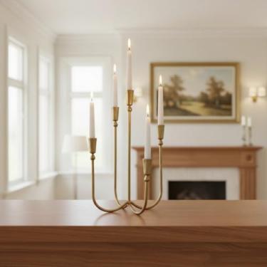 Imagem de Candelabro de mesa de ferro - Suporte de vela de metal decorativo, 5 velas de jantar francesas candelabro de metal dourado para 5 velas cônicas - Castiçal forjado à mão