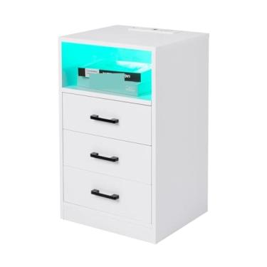 Imagem de Mesa de cabeceira 40 x 35 x 65 cm, mesa de cabeceira de triamina colada, 3 gavetas com soquete e luz LED mesa de cabeceira branca/preta armário de cabeceira (cor: 02) (1)