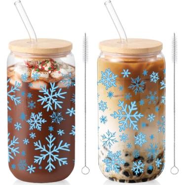 Imagem de Sliner 2 peças de copos de vidro de floco de neve copo de Natal com tampa canudo copos de bebida de inverno 473 ml xícara de café gelado com escova de limpeza copo de lata de cerveja copos fofos