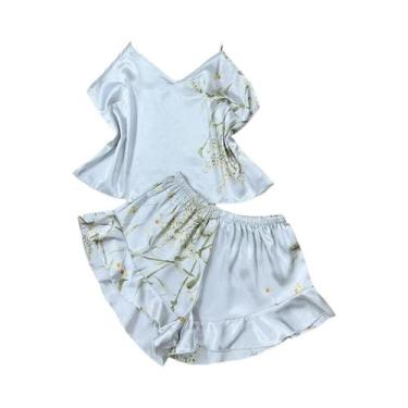 Imagem de Conjunto De Pijamas De Seda Femininos De Verão Com Estampa Floral 3 Pe