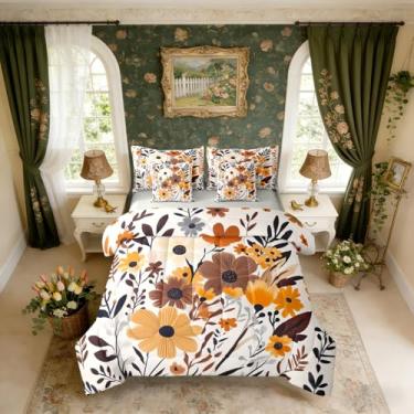 Imagem de Erosebridal Conjunto de cama queen abstrato floral e folhas, conjunto de edredom rústico de casa de fazenda do sudoeste com lençóis, conjunto de cama floral boêmio vintage, cama botânica colorida