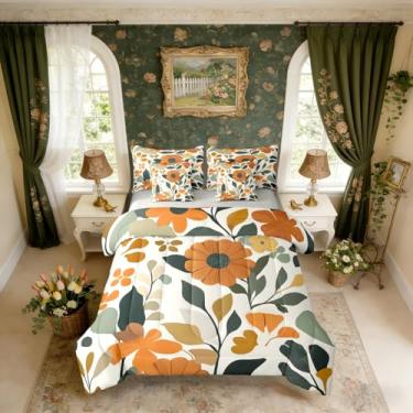 Imagem de Erosebridal Conjunto de cama queen rústico, casa de fazenda, floral, abstrato, boêmio, com lençol para mulheres, homens, crianças e adultos, vintage geométrico, lençol com folhas geométricas, em uma