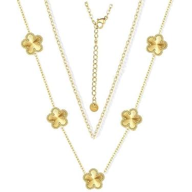 Imagem de NAOKIFU Colar feminino de trevo de quatro folhas, banhado a ouro 18K, em camadas delicadas, de aço inoxidável, 4 folhas, pingente de flor, pingente da sorte, joias para presentes, Aço inoxidável, Sem