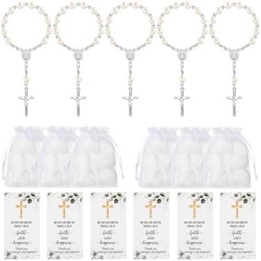Imagem de AIOMOB 50 conjuntos de lembrancinhas de batismo para convidados contas de terço de acrílico pérolas falsas sacos de presente de organza cartões de agradecimento prata pingente de anjo chaveiro para