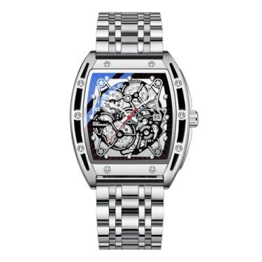 Imagem de JewelryWe Relógios masculinos esqueleto: relógio de pulso masculino com mostrador de aço inoxidável destacável analógico de quartzo Tonneau ponteiros luminosos 3 ATM à prova d'água negócios casual