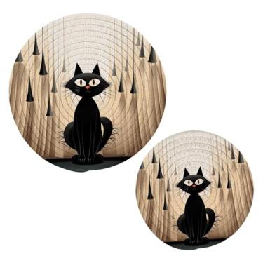 Imagem de Wassud Porta-panelas redondas para gatos pretos fofos trivets de algodão almofadas quentes porta-copos elegantes decoração de cozinha e acessórios 2 peças
