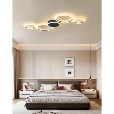 Imagem de Luminária de teto LED moderna, dimerizável, com controle remoto, design de anéis redondos, em acrílico, para sala de estar, quarto, sala de jantar e cozinha (preta, 5 anéis B).