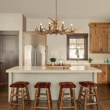 Imagem de Lustre rústico de resina com chifres de veado, estilo nórdico, para restaurante, iluminação moderna para ilha de cozinha, sala de estar, cabana, hotel, café, loft ou bar (8 lâmpadas).