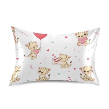 Imagem de Wassud Leopardo Cubs Hearts Dia dos Namorados Fronha de Cetim para Cabelo e Pele Fronhas de Seda Lisa Queen Size Fronhas Respiráveis com Fecho de Envelope