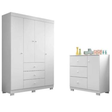 Imagem de Cômoda Infantil com Guarda Roupa 4 Portas Duda Branco Brilho  Phoenix 