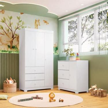 Imagem de Cômoda Infantil com Guarda Roupa 3 Portas Ambiente Duda Branco Brilho 