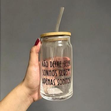 Imagem de Copo de Café com Tampa de Bambú C/ Canudo de Vidro 470ml Frases Motiva