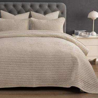 Imagem de PHF Conjunto de colcha de veludo luxuoso tamanho Queen – 3 peças de edredom acolchoado ultramacio alternativo com canal listrado, colcha acolchoada aconchegante, 1 cobertor com 2 fronhas combinando