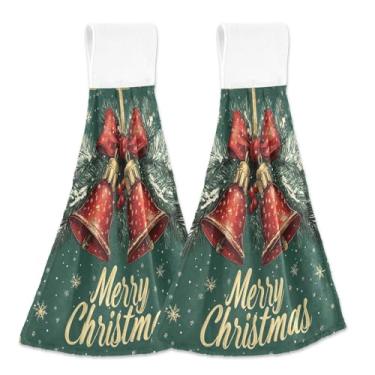 Imagem de Blueangle 2 peças de toalhas de gravata penduradas com sinos de Natal toalha de mão de cozinha absorvente de veludo coral macio pano de pano para cozinha e banheiro (678)