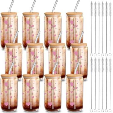 Imagem de Yetene 12 peças de copos de vidro para dia dos namorados com tampas e canudos 473 ml, copos, copos de café gelado, presente de coração para mãe, esposa, mulheres, amigas, casamento, aniversário (rosa)
