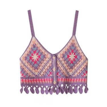 Imagem de Top Cropped Feminino Boho Com Franjas E Alças, Crochê Granny Square, T