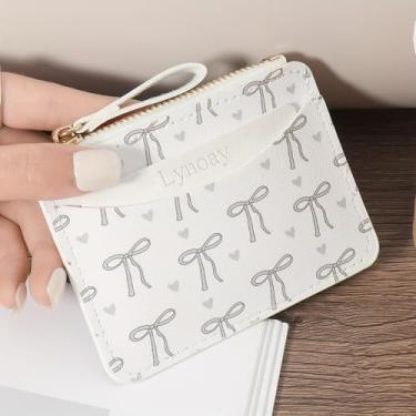 Imagem de Carteira feminina fina com zíper – Porta-cartões em forma de coração rosa com laço, estojo de cartão compacto e portátil organizador de cartões para mulheres, Branco