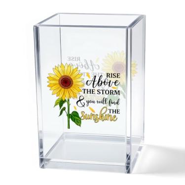 Imagem de Vgrti Levante-se acima da tempestade e você encontrará o porta-canetas cosméticas de acrílico The Sunshine, acessórios organizadores de mesa de girassol positivos para decoração de escritório em casa