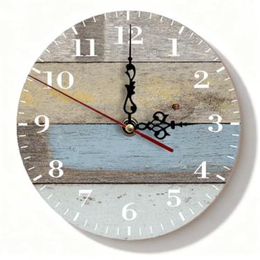 Imagem de Relógio de parede de madeira azul e bege envelhecido - Shiplap silencioso, sem tique-taque, decoração rústica para casa de fazenda, quarto, casa - 19 cm