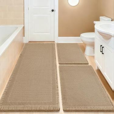 Imagem de Conjunto de 3 peças de tapete de banho, tecido boêmio, moderno, absorvente, antiderrapante, ultramacio, tapetes de banho de malha laváveis na máquina com borda para banheiro, quarto, cozinha, chuveiro
