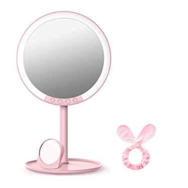 Imagem de Espelho de aumento com luz 7X espelho anity com espelho de maquiagem iluminado 7X ampliação 60 rotação (cor: branco) (rosa)