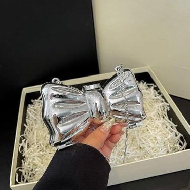 Imagem de Bolsa de metal com laço para moedas, mini clutch noturna para mulheres, bolsa transversal criativa de liga dura, bolsa de mão de festa para presente