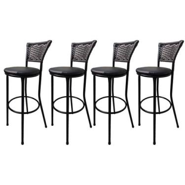 Imagem de Kit 4 Banquetas Alta Encosto Junco Preto Assento Preto - ZA MOVEIS, PR