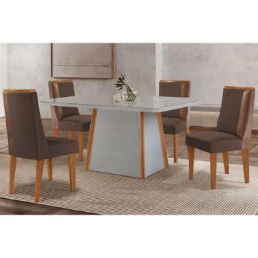 Imagem de Conjunto: Mesa de Cozinha Tilia Tampo c/ Vidro Curvo 120cm+4 Cadeiras Tilia Naturale/Off White - Suede Marrom - Rufato