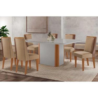 Imagem de Mesa Cozinha Pietá c/ Tampo Madeirado c/ Vidro Canto Curvo 180x90cm e 6 Cadeiras Tilia Madeira Maciça Naturale/Off White - Capuccino/Linho Bege-Rufato